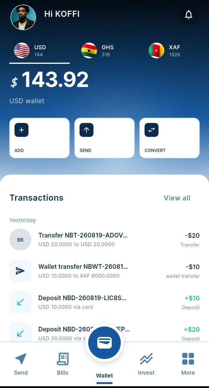 NeoBridge app wallet screen showing Koffi's USD, GHS and XAF balances, quick actions and recent transactions